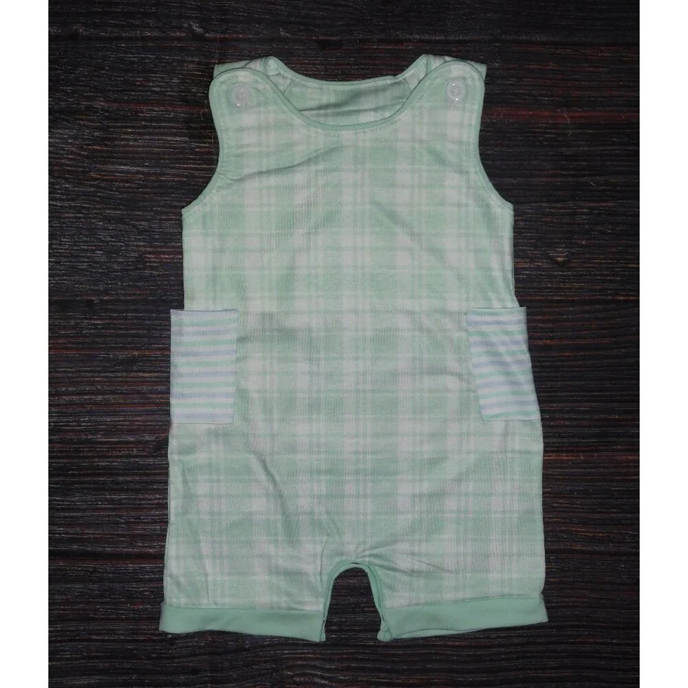 Boutique Baby Boys Green Plaid Short Sleeve Romper Jumpsuit
